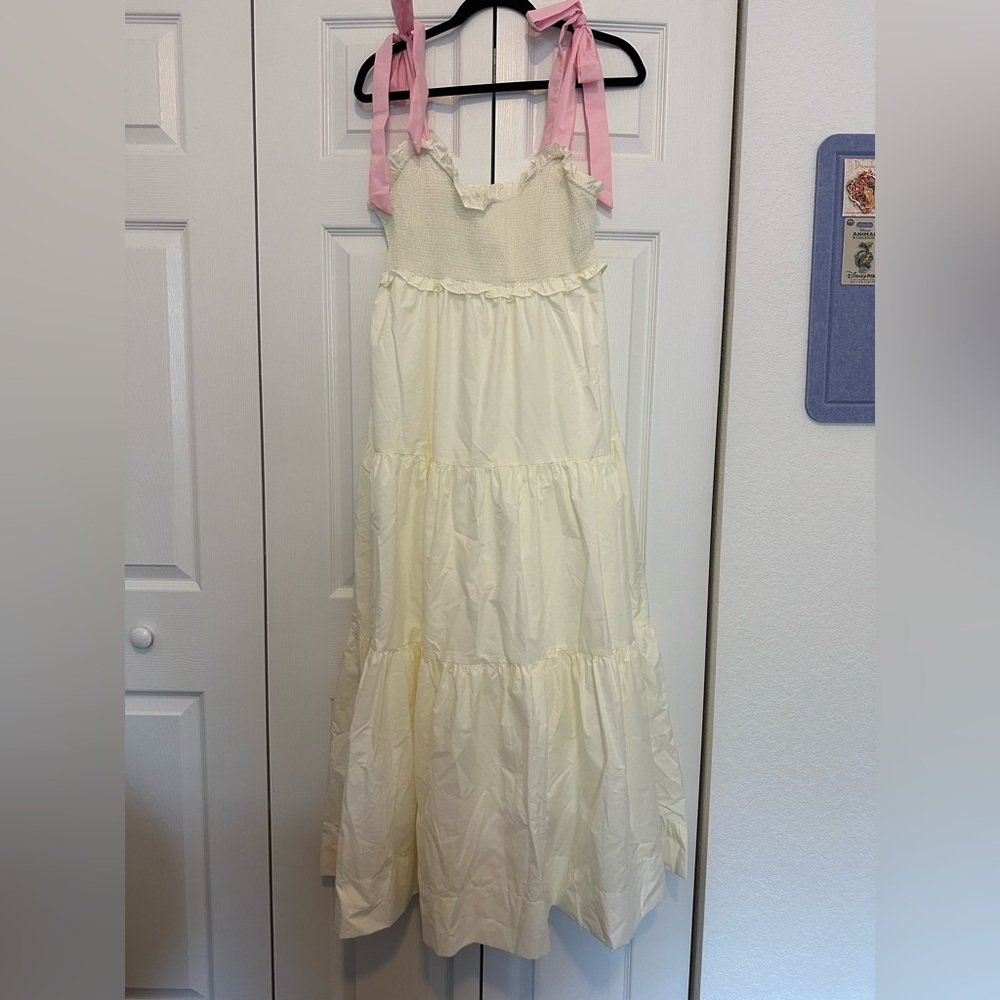 Cream and Pink Bow Strap Tiered Maxi Dress